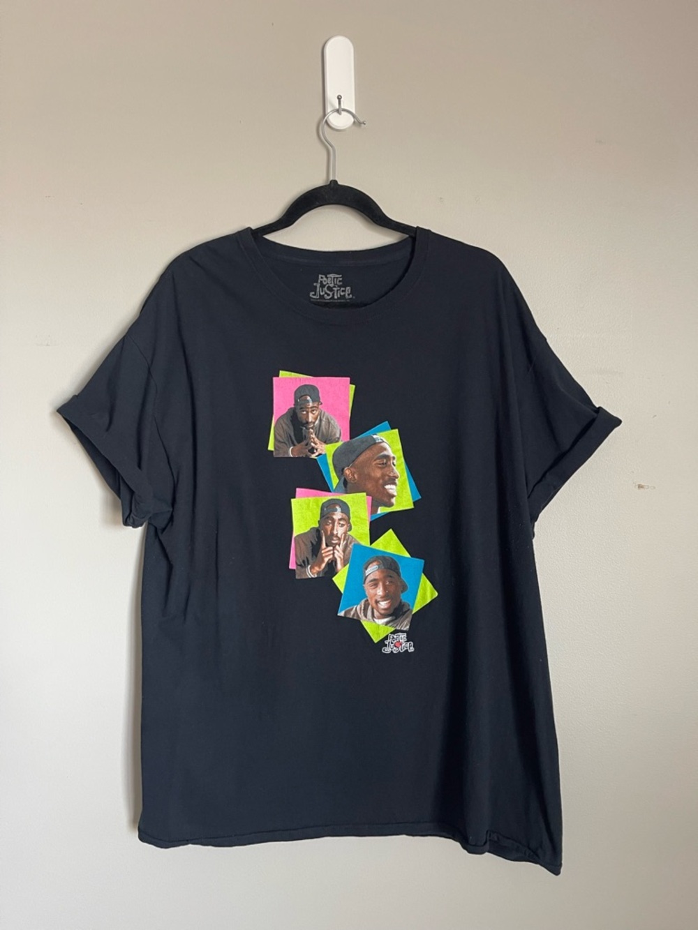 POETIC JUSTICE | Black Short Sleeve Graphic Tee with Neon Tupac Collage Sz 1X